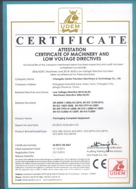 China Changshu Sanhe Precision Machinery &amp; Technology Co.,Ltd. certificaten